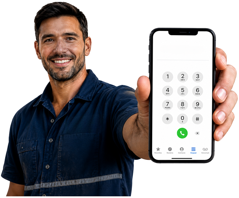 Darlington Blocked Drains plumber holding a phone — call 1300 261 965