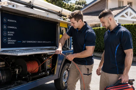 Two plumbers working on a blocked drain in Darlington