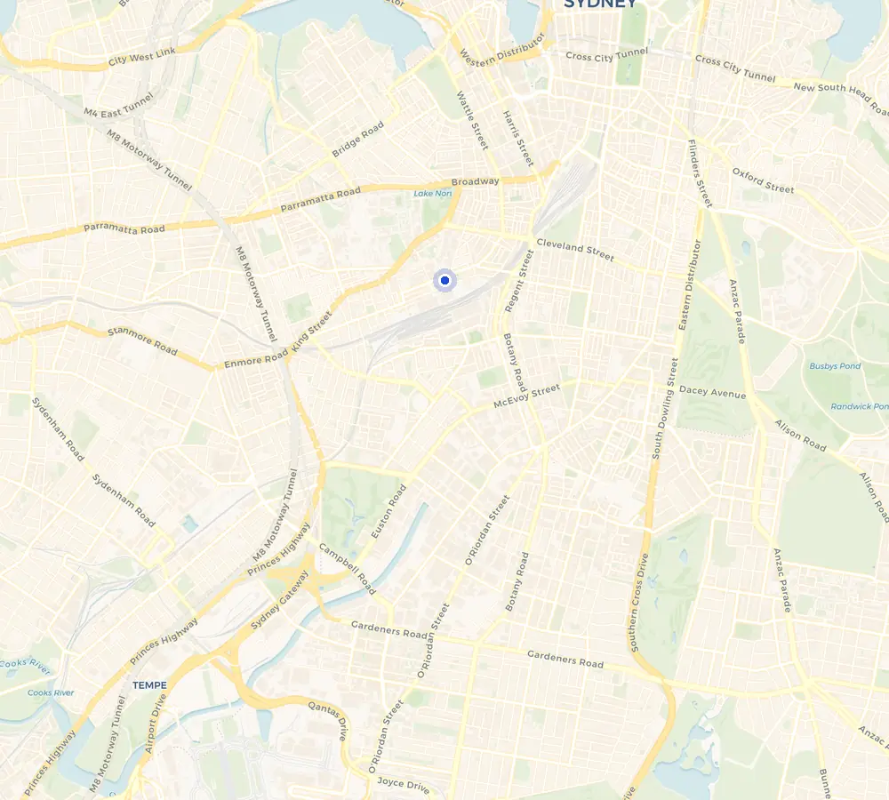Map of the Darlington service area and the surrounding Inner Sydney, showing Darlington and the nearby streets we cover.