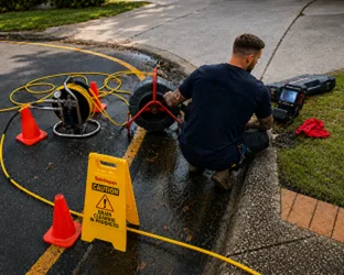 Plumber inspecting a blocked drain in Darlington