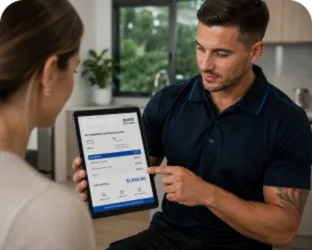 Plumber showing a Darlington customer the quote on a tablet